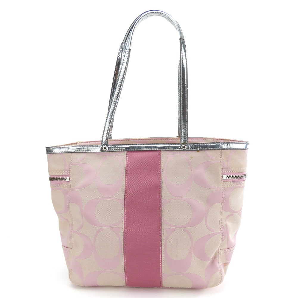 中古 トートバッグ 13280 シグネチャー キャンバス レザー ピンク シルバー シルバー金具 肩掛け レディース 女性