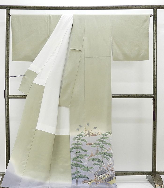 色留袖 身丈17... : レディース服 正絹 花鳥網干家屋模様 大特価在庫