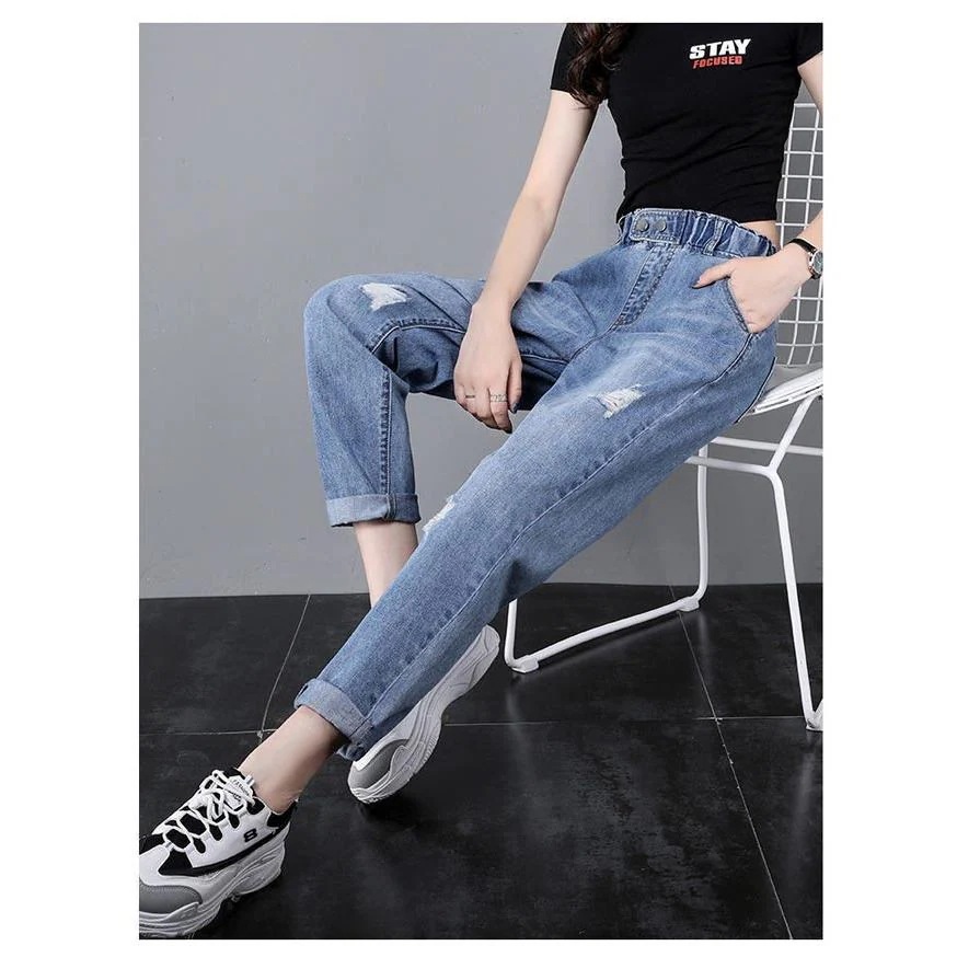 デニムパンツ春秋ハイウエストボトムジーンズデニムパンツレディース9パンツウエストゴムジーンズブルー特大破れジーンズ デニムパンツ春秋ハイウエストボトムジーンズデニムパンツレディース9パンツウエストゴムジーンズブルー特大破れジーンズ