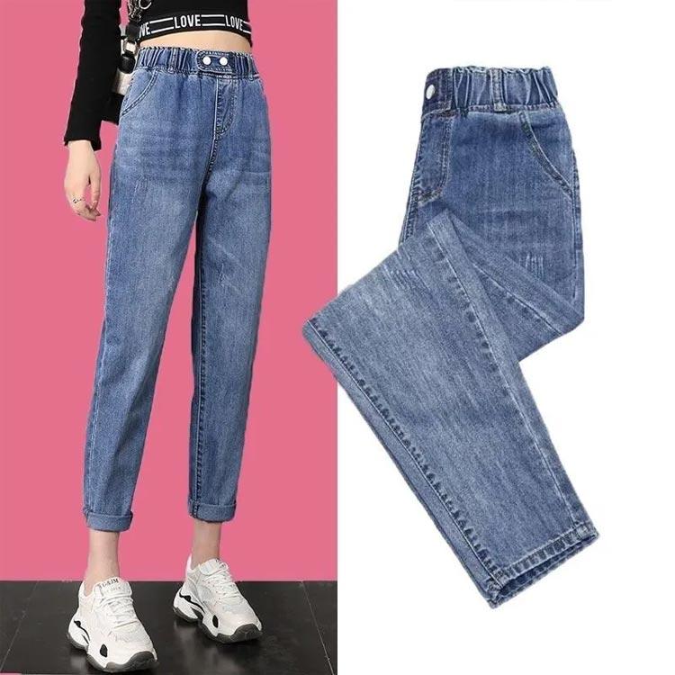 デニムパンツ春秋ハイウエストボトムジーンズデニムパンツレディース9パンツウエストゴムジーンズブルー特大破れジーンズ デニムパンツ春秋ハイウエストボトムジーンズデニムパンツレディース9パンツウエストゴムジーンズブルー特大破れジーンズ