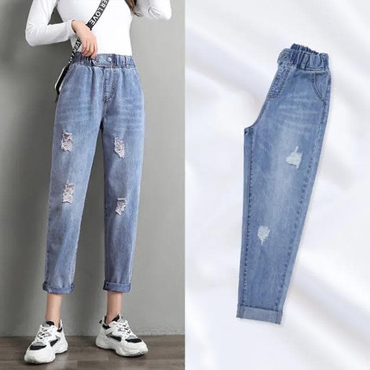 デニムパンツ春秋ハイウエストボトムジーンズデニムパンツレディース9パンツウエストゴムジーンズブルー特大破れジーンズ デニムパンツ春秋ハイウエストボトムジーンズデニムパンツレディース9パンツウエストゴムジーンズブルー特大破れジーンズ