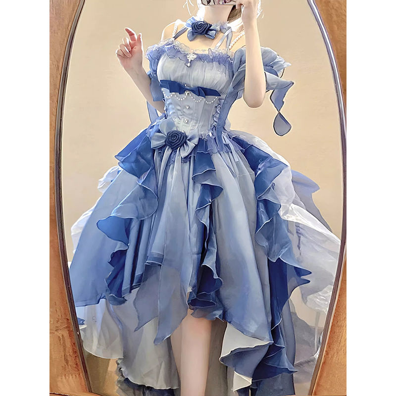 ブルードレス ロリータドレス ゴージャスウェディングドレス 重工業ふわふわテールプリンセスドレス ブルードレス ロリータドレス ゴージャスウェディングドレス 重工業ふわふわテールプリンセスドレス