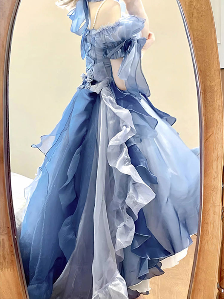 ブルードレス ロリータドレス ゴージャスウェディングドレス 重工業ふわふわテールプリンセスドレス ブルードレス ロリータドレス ゴージャスウェディングドレス 重工業ふわふわテールプリンセスドレス
