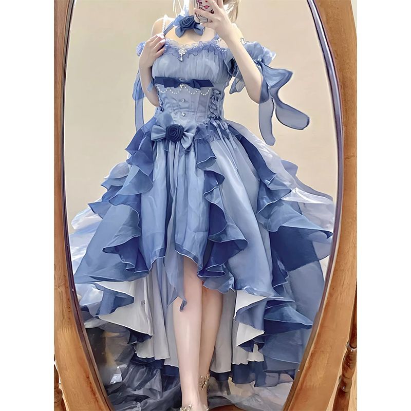 ブルードレス ロリータドレス ゴージャスウェディングドレス 重工業ふわふわテールプリンセスドレス ブルードレス ロリータドレス ゴージャスウェディングドレス 重工業ふわふわテールプリンセスドレス