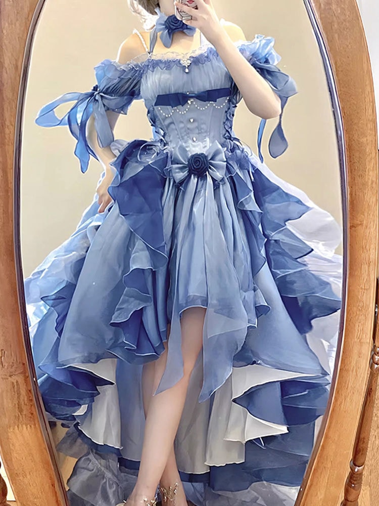 ブルードレス ロリータドレス ゴージャスウェディングドレス 重工業ふわふわテールプリンセスドレス ブルードレス ロリータドレス ゴージャスウェディングドレス 重工業ふわふわテールプリンセスドレス