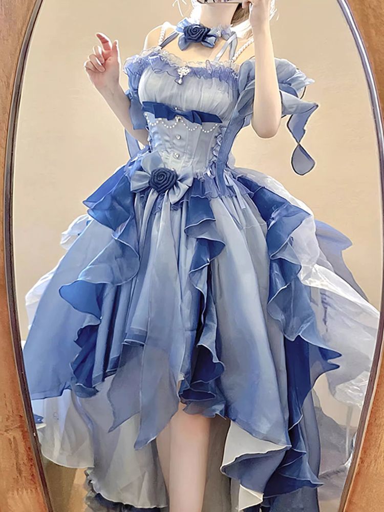 ブルードレス ロリータドレス ゴージャスウェディングドレス 重工業ふわふわテールプリンセスドレス ブルードレス ロリータドレス ゴージャスウェディングドレス 重工業ふわふわテールプリンセスドレス