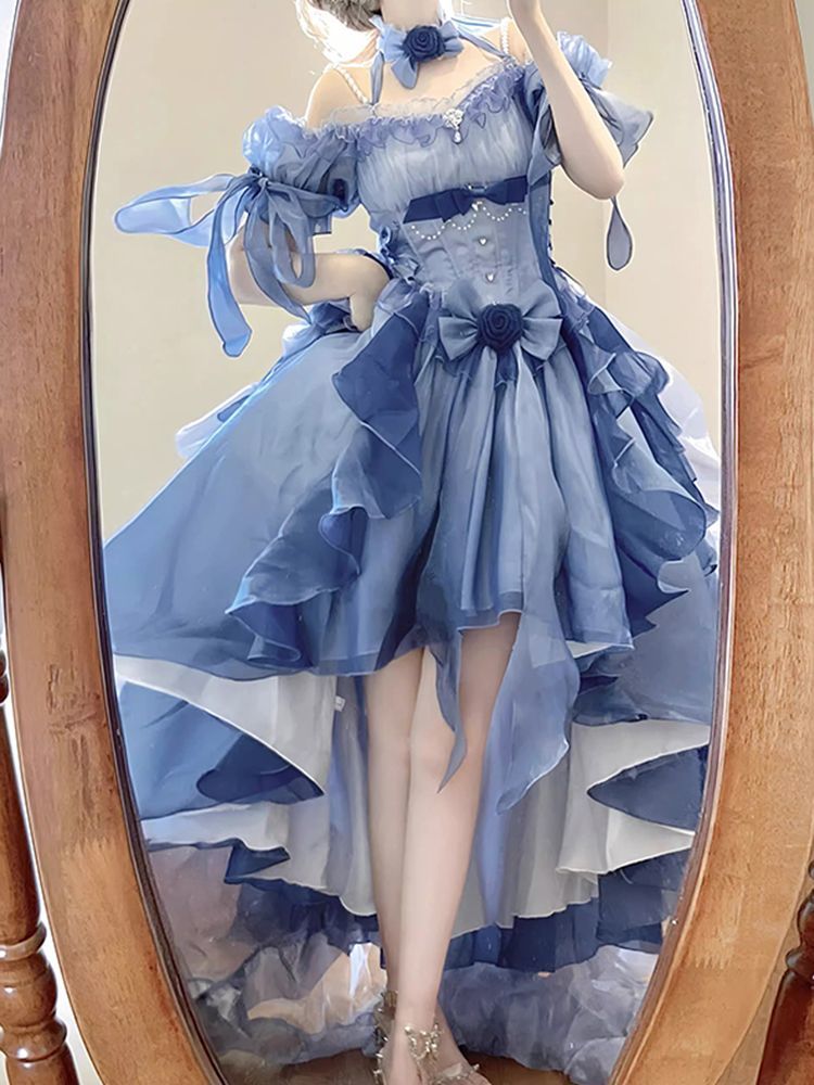 ブルードレス ロリータドレス ゴージャスウェディングドレス 重工業ふわふわテールプリンセスドレス ブルードレス ロリータドレス ゴージャスウェディングドレス 重工業ふわふわテールプリンセスドレス