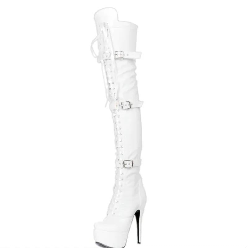 女性用バックル付き本革ブーツ 膝上ブーツ スティレット ウィンターファッション 15cm ニューコレクション2022 女性用バックル付き本革ブーツ 膝上ブーツ スティレット ウィンターファッション 15cm ニューコレクション2022