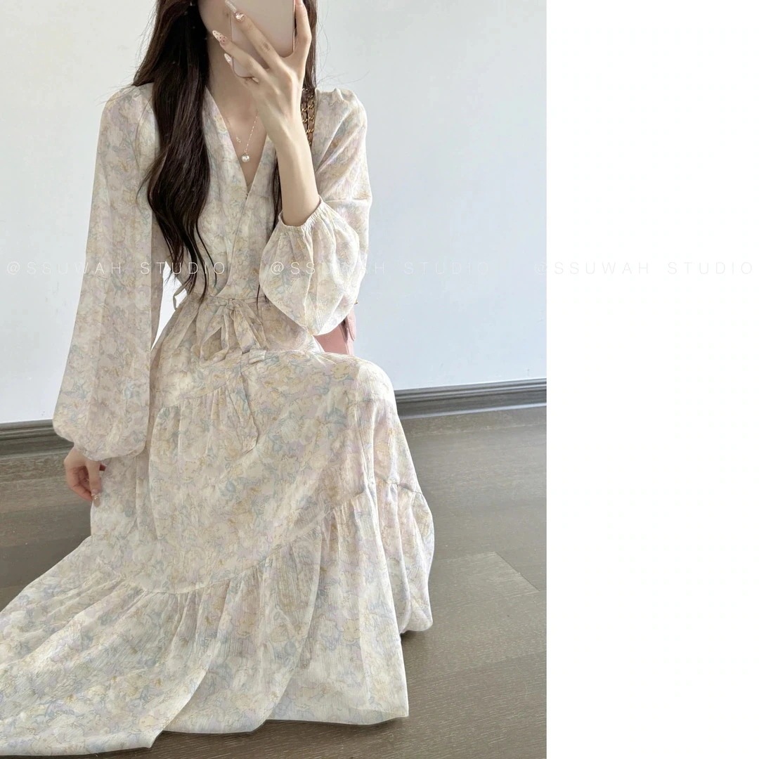 【急速出荷!】超人気 花柄ワンピース 韓国ファッション レディース おしゃれ かわいい カジュアル お L 長袖ワンピース Vネック フレンチスリム ミディロングワンピース ロングスカート 【急速出荷!】超人気 花柄ワンピース 韓国ファッション レディース おしゃれ かわいい カジュアル お L 長袖ワンピース Vネック フレンチスリム ミディロングワンピース ロングスカート