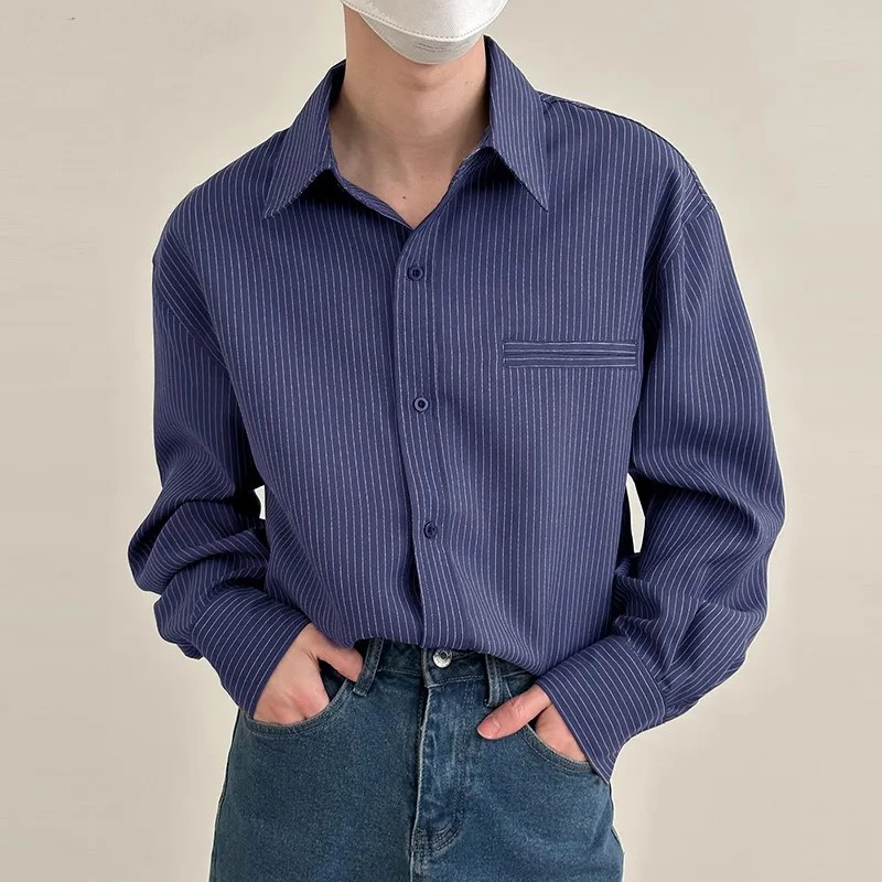 送料無料男性用韓国スタイルのストライプのトップスカジュアルなストリートウェアシンプルなシャツ長袖美しいブラウス男性のファッション