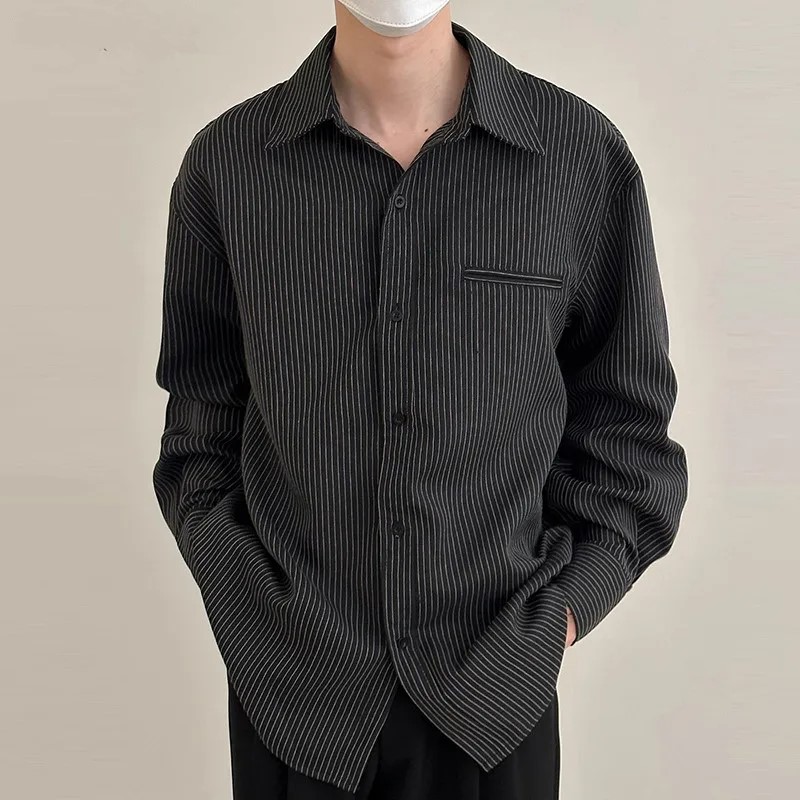 送料無料男性用韓国スタイルのストライプのトップスカジュアルなストリートウェアシンプルなシャツ長袖美しいブラウス男性のファッション