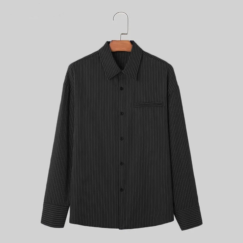送料無料男性用韓国スタイルのストライプのトップスカジュアルなストリートウェアシンプルなシャツ長袖美しいブラウス男性のファッション