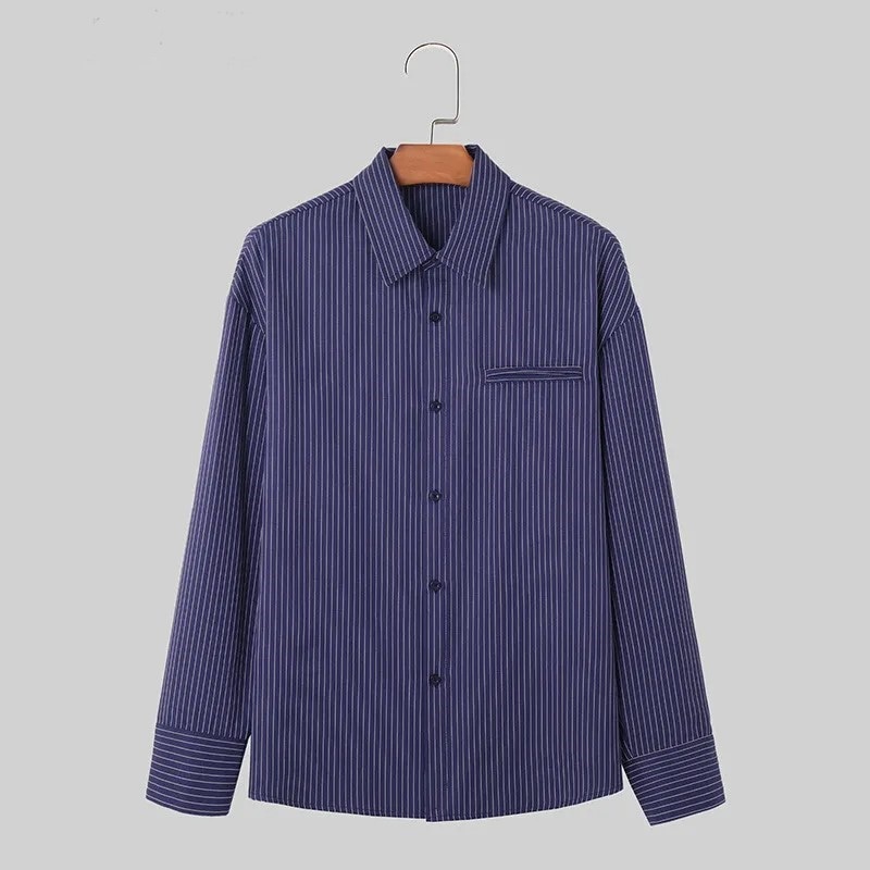 送料無料男性用韓国スタイルのストライプのトップスカジュアルなストリートウェアシンプルなシャツ長袖美しいブラウス男性のファッション