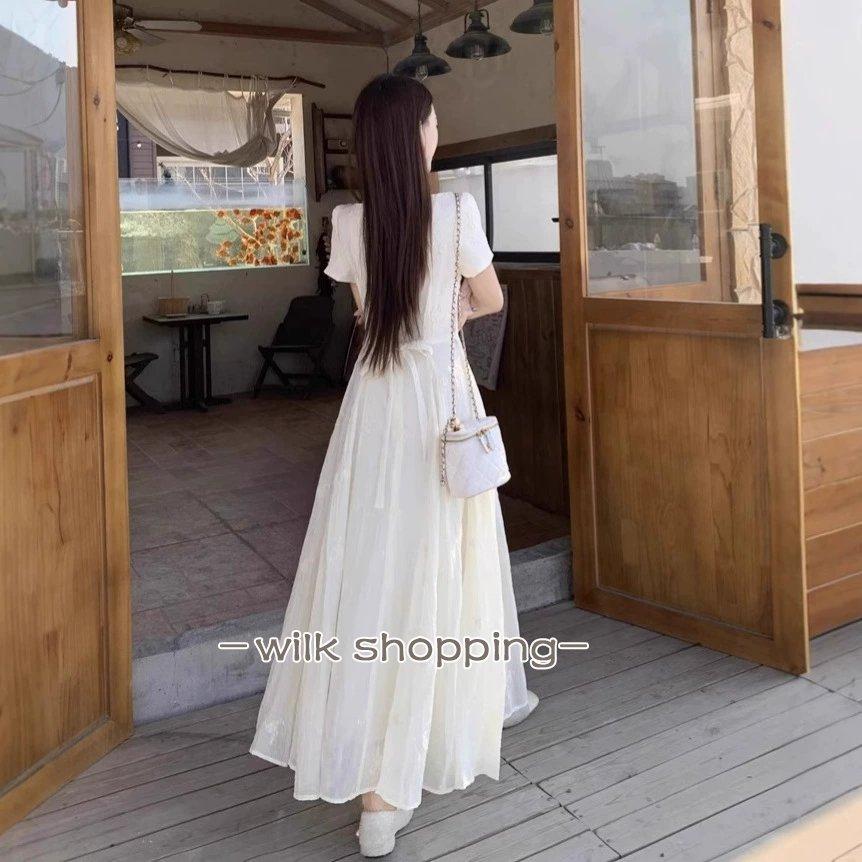 夏ワンピース 半袖 ロングワンピース Aライン 花刺繍　丸ネック サマー 夏コーデ 体型カバー 20代30代 黒 白 40代 ママ フォーマル OL 大人 シンプル