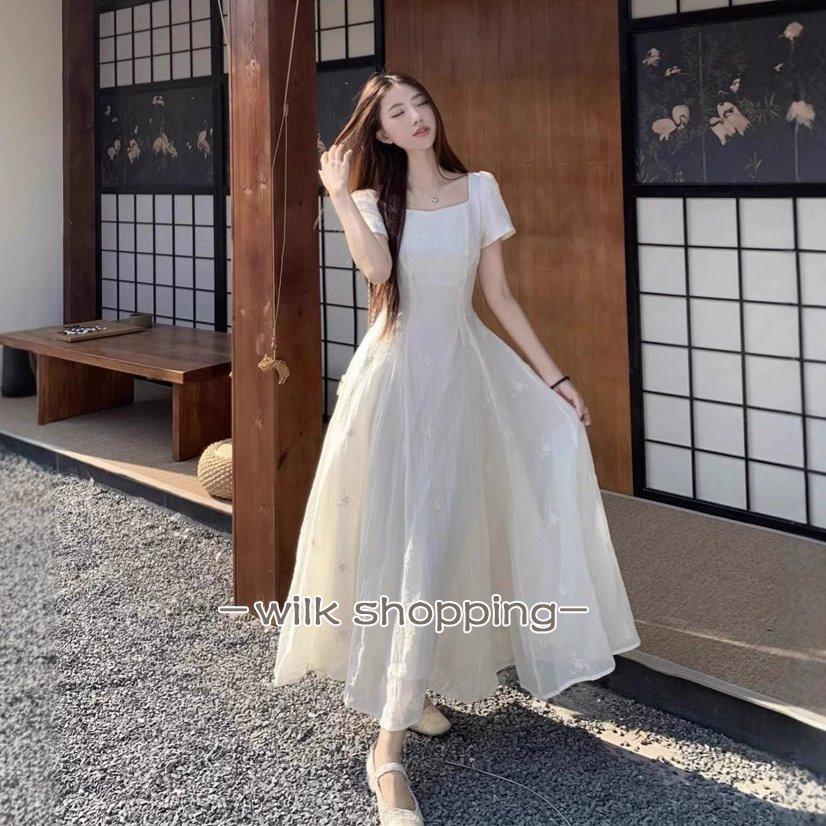 夏ワンピース 半袖 ロングワンピース Aライン 花刺繍　丸ネック サマー 夏コーデ 体型カバー 20代30代 黒 白 40代 ママ フォーマル OL 大人 シンプル