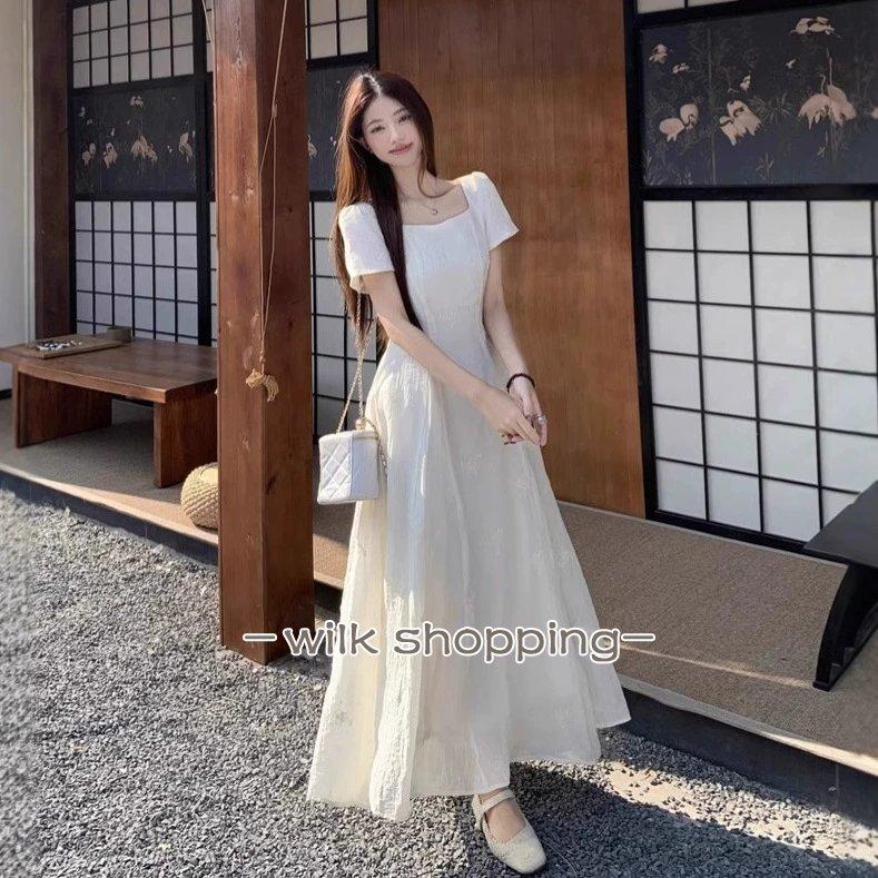 夏ワンピース 半袖 ロングワンピース Aライン 花刺繍　丸ネック サマー 夏コーデ 体型カバー 20代30代 黒 白 40代 ママ フォーマル OL 大人 シンプル