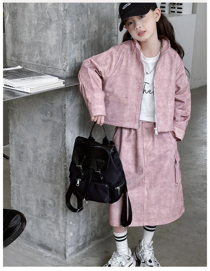 韓国子供服 女の子 セットアップ キッズ スカートセット ピンク ページュ おしゃれ 通学着 春着 秋着 女の子 長袖アウター+スカート 2点セット 上下セット ファッション パーティー イベント 誕