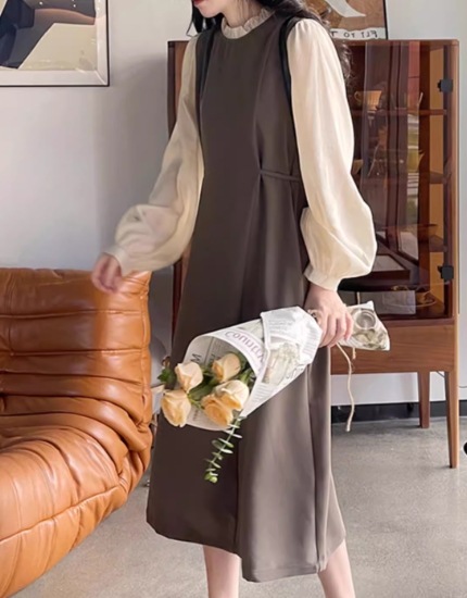 重ね着風 フェイクツーピース レディース ワンピース プルオーバー ミモレ ロング 長袖 ラウンドネック Aライン フリル ハイウエスト かわいい 大人可愛い きれいめ シンプル 上品 おしゃれ 重ね着風 フェイクツーピース レディース ワンピース プルオーバー ミモレ ロング 長袖 ラウンドネック Aライン フリル ハイウエスト かわいい 大人可愛い きれいめ シンプル 上品 おしゃれ