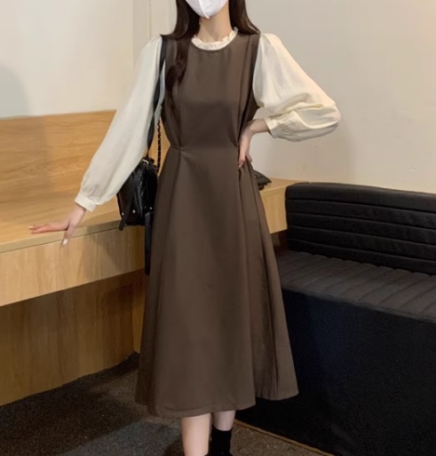 重ね着風 フェイクツーピース レディース ワンピース プルオーバー ミモレ ロング 長袖 ラウンドネック Aライン フリル ハイウエスト かわいい 大人可愛い きれいめ シンプル 上品 おしゃれ 重ね着風 フェイクツーピース レディース ワンピース プルオーバー ミモレ ロング 長袖 ラウンドネック Aライン フリル ハイウエスト かわいい 大人可愛い きれいめ シンプル 上品 おしゃれ