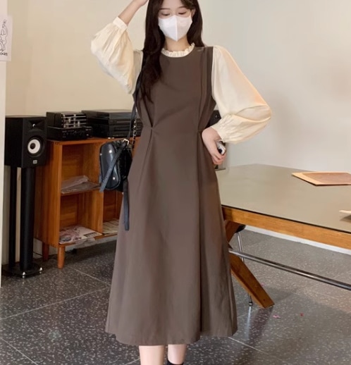 重ね着風 フェイクツーピース レディース ワンピース プルオーバー ミモレ ロング 長袖 ラウンドネック Aライン フリル ハイウエスト かわいい 大人可愛い きれいめ シンプル 上品 おしゃれ 重ね着風 フェイクツーピース レディース ワンピース プルオーバー ミモレ ロング 長袖 ラウンドネック Aライン フリル ハイウエスト かわいい 大人可愛い きれいめ シンプル 上品 おしゃれ