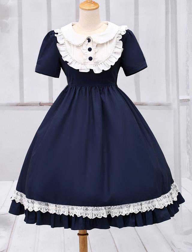 【短納期】ネイビーブルーロリータワンピースドレス 2021 足太ぺんた ショートスリーブ ターンダウンカラー レース トリム アイドル衣装 【短納期】ネイビーブルーロリータワンピースドレス 2021 足太ぺんた ショートスリーブ ターンダウンカラー レース トリム アイドル衣装