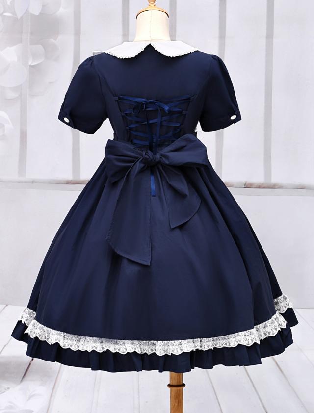 【短納期】ネイビーブルーロリータワンピースドレス 2021 足太ぺんた ショートスリーブ ターンダウンカラー レース トリム アイドル衣装 【短納期】ネイビーブルーロリータワンピースドレス 2021 足太ぺんた ショートスリーブ ターンダウンカラー レース トリム アイドル衣装