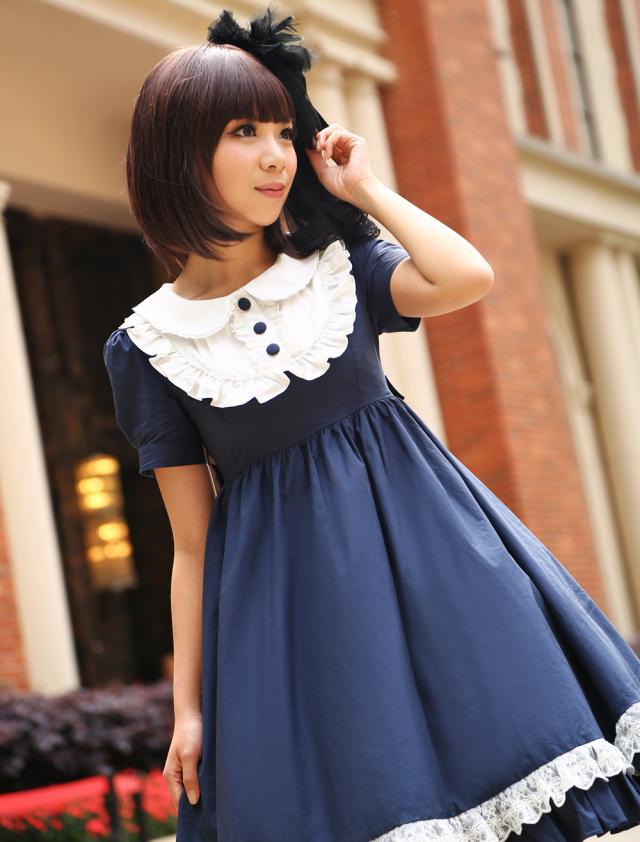 【短納期】ネイビーブルーロリータワンピースドレス 2021 足太ぺんた ショートスリーブ ターンダウンカラー レース トリム アイドル衣装 【短納期】ネイビーブルーロリータワンピースドレス 2021 足太ぺんた ショートスリーブ ターンダウンカラー レース トリム アイドル衣装