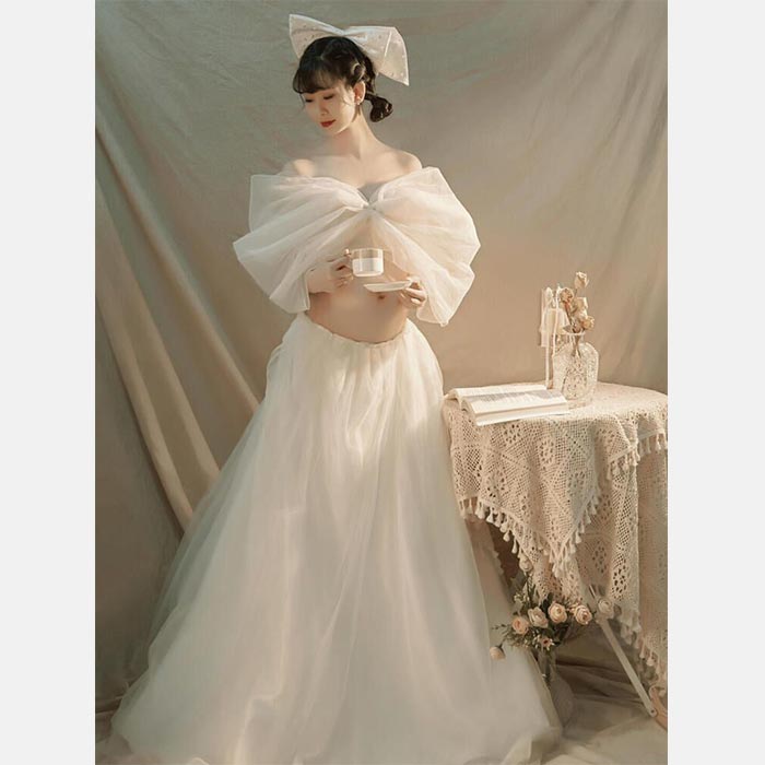 【急速出荷!】マタニティ フォト ドレス オフショルダー スカート セット リボン　可愛い キュート 思い出 記念撮影 メモリーフォト 記念写真 ホワイト