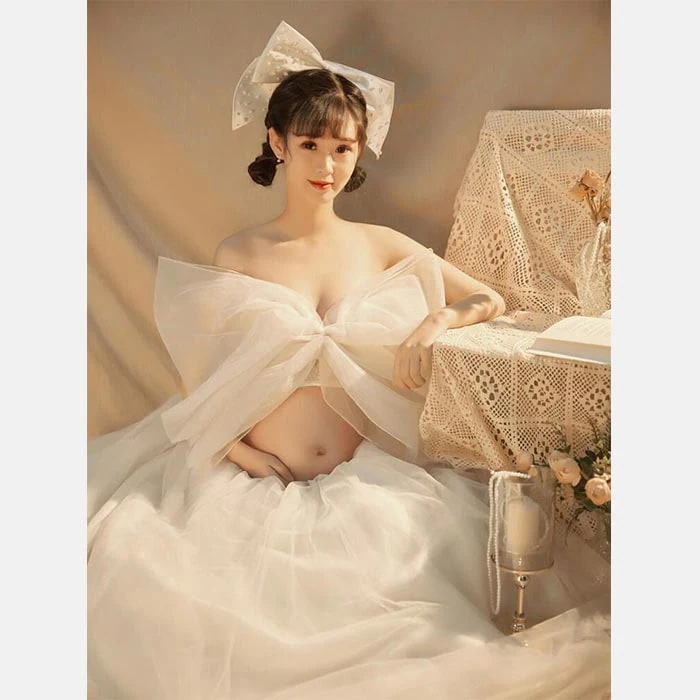 【急速出荷!】マタニティ フォト ドレス オフショルダー スカート セット リボン　可愛い キュート 思い出 記念撮影 メモリーフォト 記念写真 ホワイト