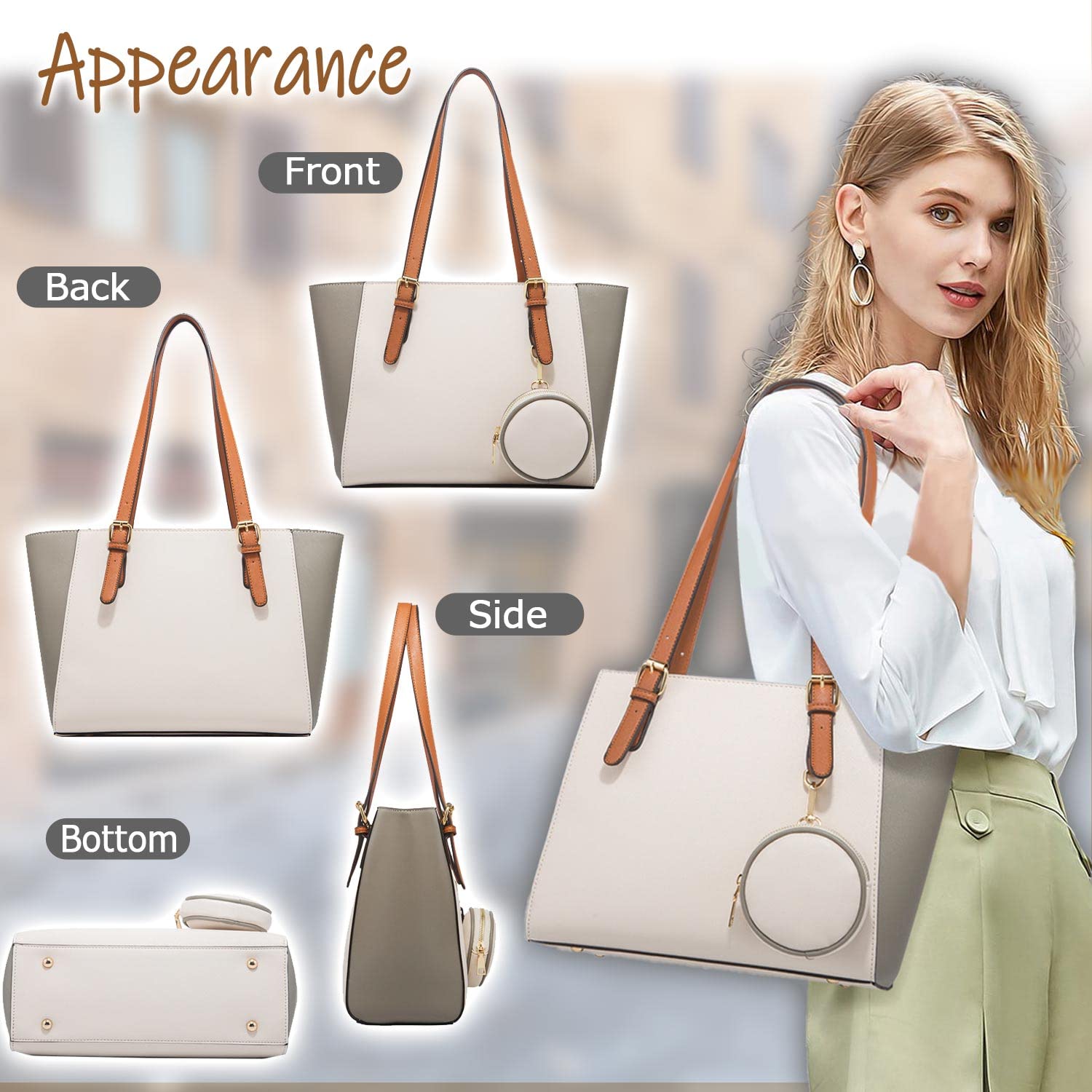 [LASTOS] トートバッグ ハンドバッグ レディース a4 軽量 通勤バッグ 肩掛け 手提げ カバン スリム バッグ 3点セット (ベージュ)