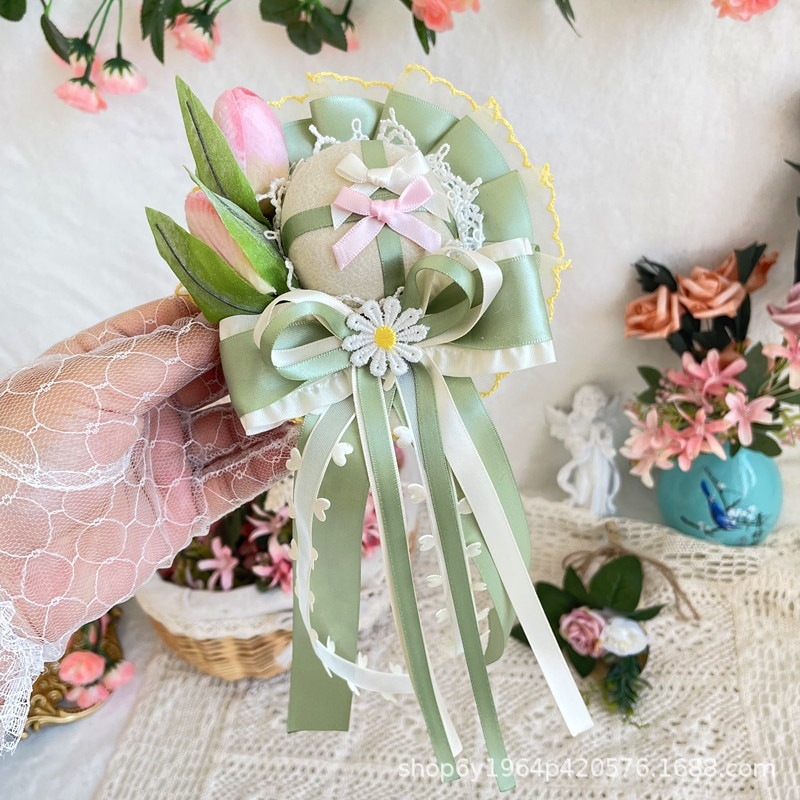 グリーンロリータリップヘアアクセサリーピンクお花ロリータ優しいクラレース帽子ヘッドドレス