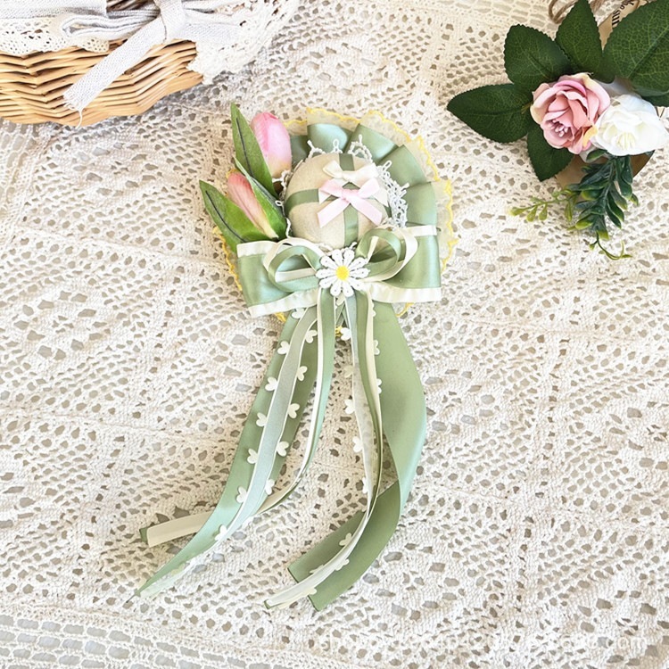 グリーンロリータリップヘアアクセサリーピンクお花ロリータ優しいクラレース帽子ヘッドドレス