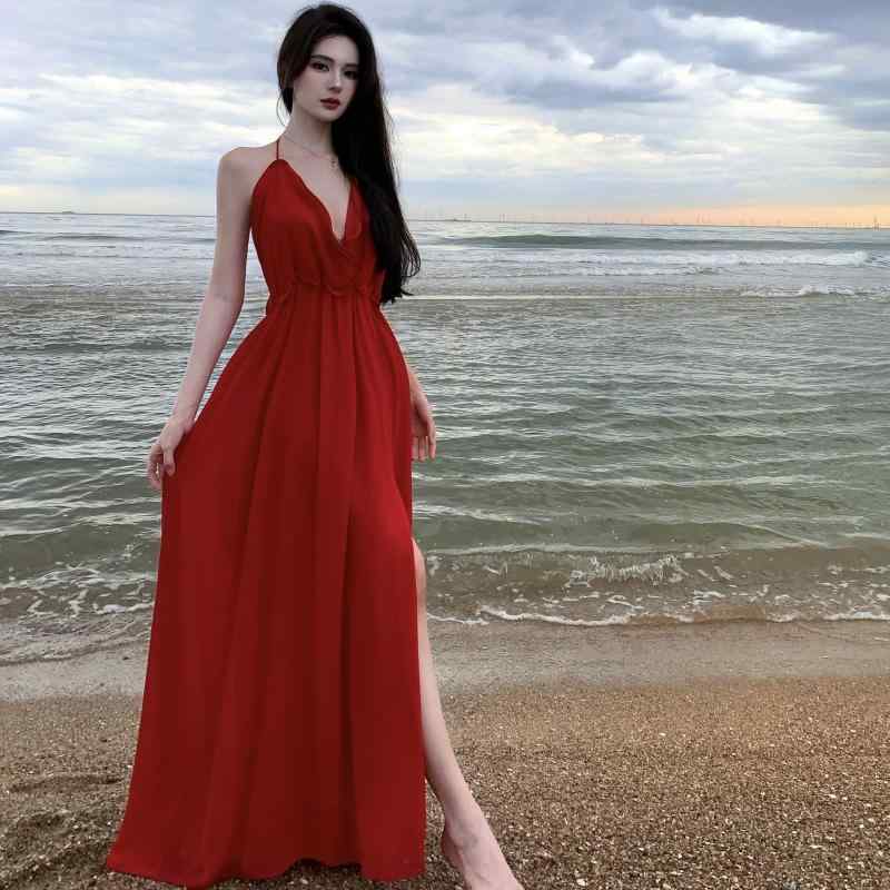 リゾート ドレス 大人 レディース ウイグル 旅行 衣装 砂漠 ロング スカート 女性 海辺 バカンス 赤 Vネック ウエスト ビーチ スカート