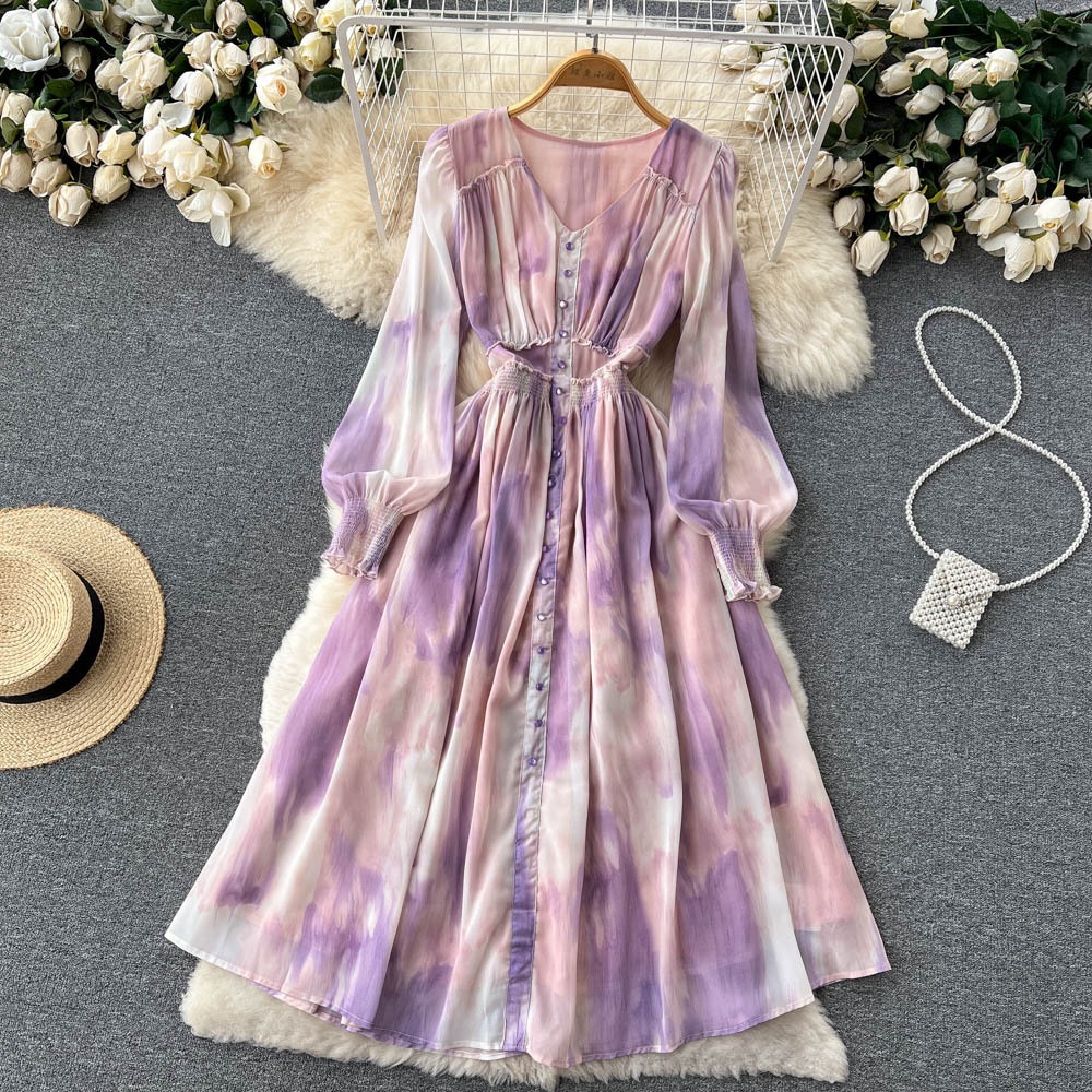 ワンピース レディース 夏 サマー 長袖 袖あり Vネック ドレス 紫 パープル エレガント フェミニン ハイウエスト Aラインスカート ロングスカート 可愛い 大人可愛い フェミニン エレガント お ワンピース レディース 夏 サマー 長袖 袖あり Vネック ドレス 紫 パープル エレガント フェミニン ハイウエスト Aラインスカート ロングスカート 可愛い 大人可愛い フェミニン エレガント お