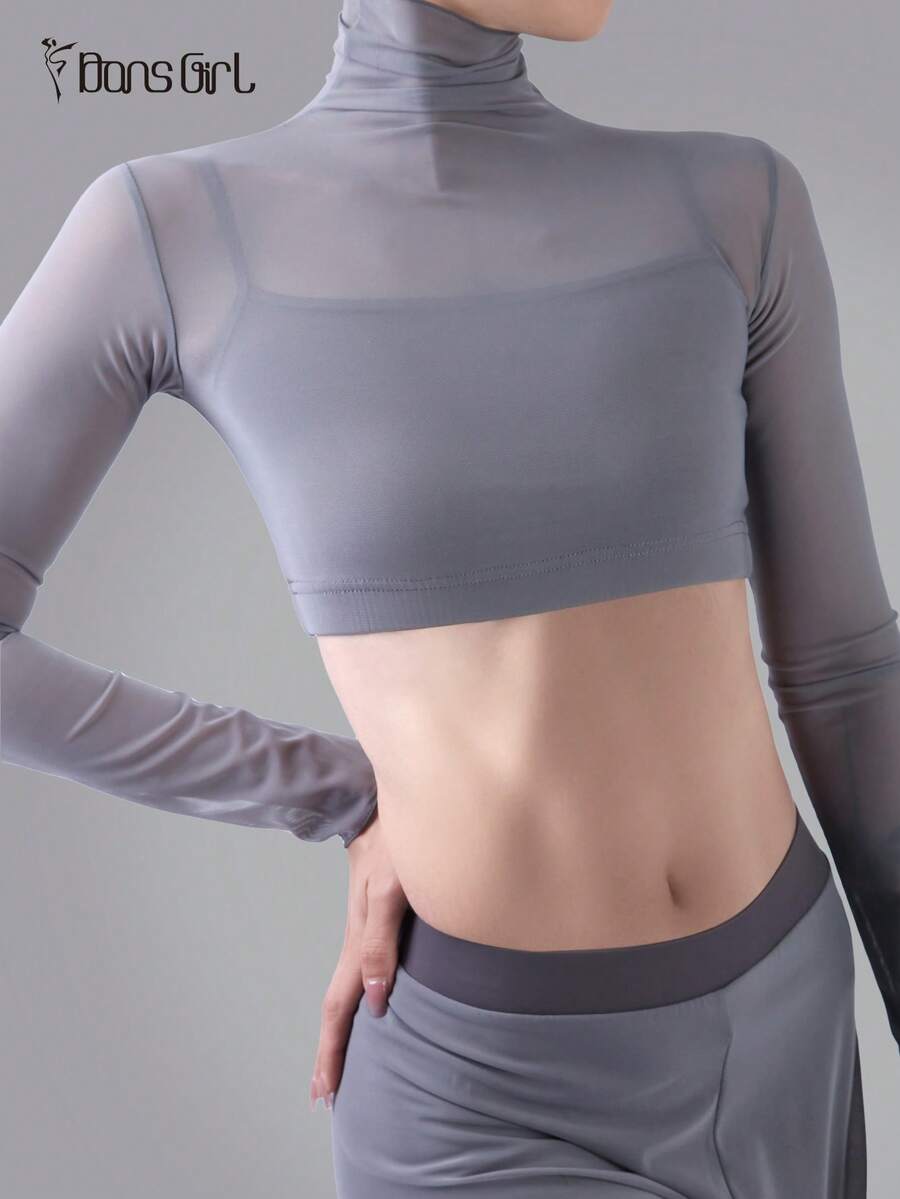 女性用タートルネック クロップトップ & ソフトエラスティックメッシュワイドレッグパンツセット - エアリアルヨガコンテンポラリー/クラシックバレエダンスパフォーマンス衣装春のス_8