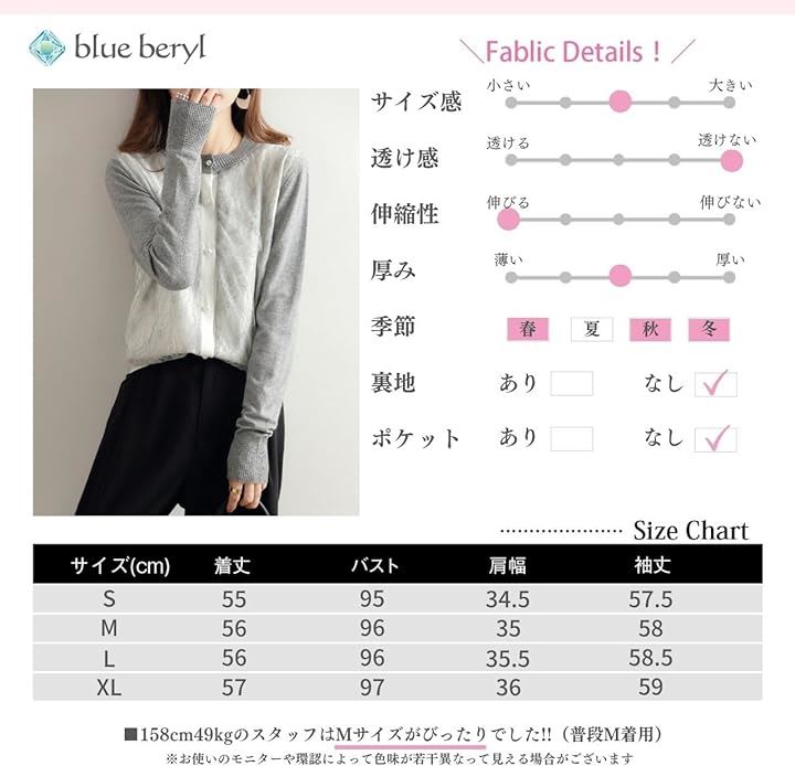 カーディガン レディース ニット フロントレース パールボタン 長袖 ラウンドネック パイピング シック ポリエステル BB022-GY-XL( グレー, XL)