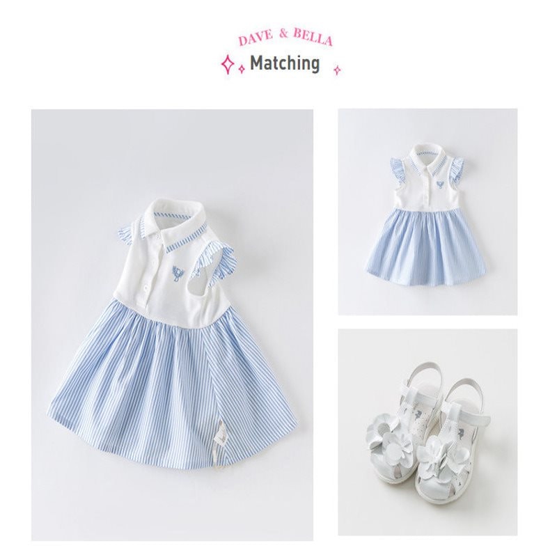 直輸入正規品dave and bella 66130cm ワンピース 縦縞 リボン スクールスタイル ブルー ホワイト 半袖 女の子 夏