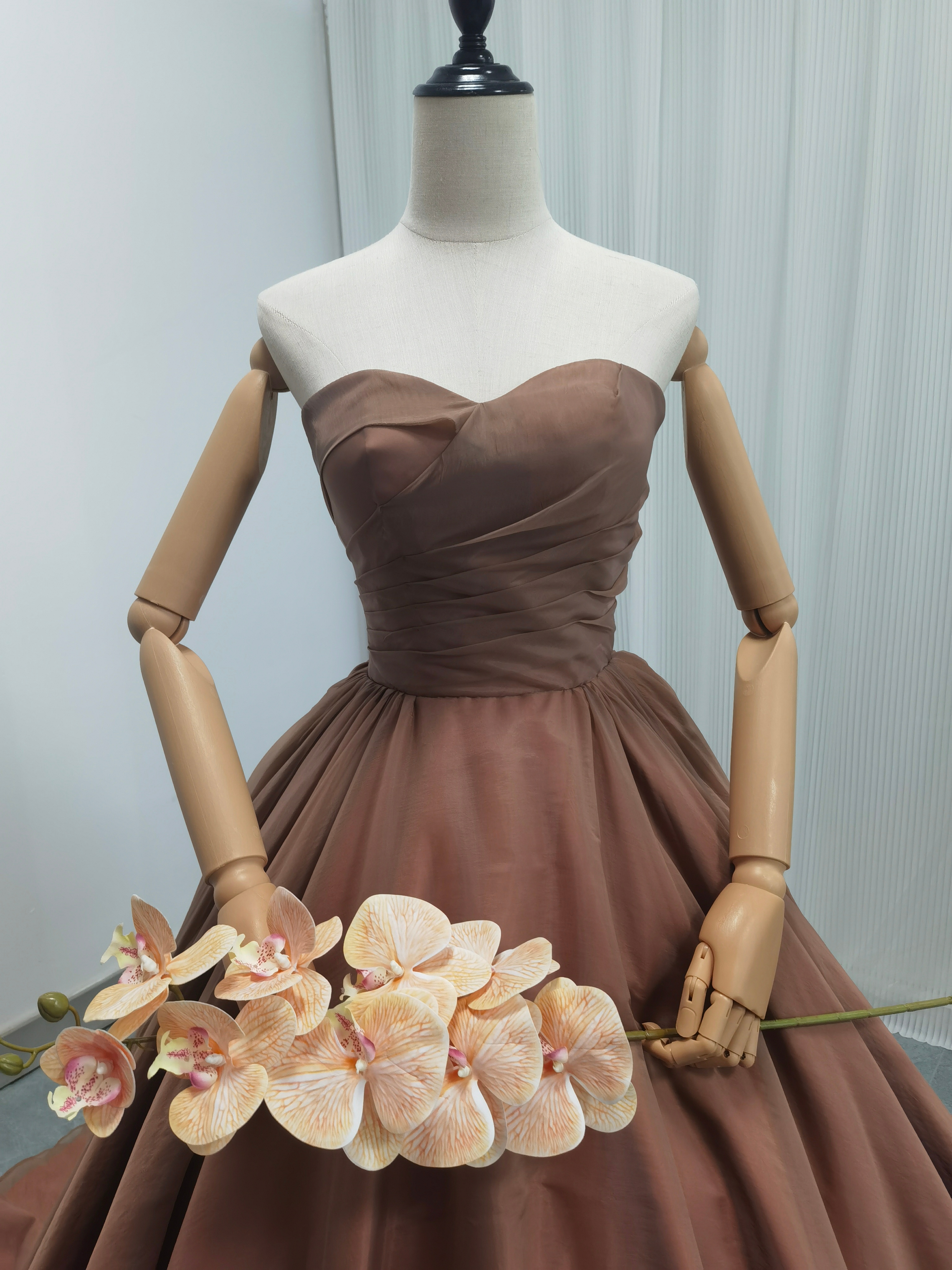 上品！カラードレス 取り外し袖 パフスリーブ テラコッタ色 Aライン 披露宴/結婚式 大人っぽい