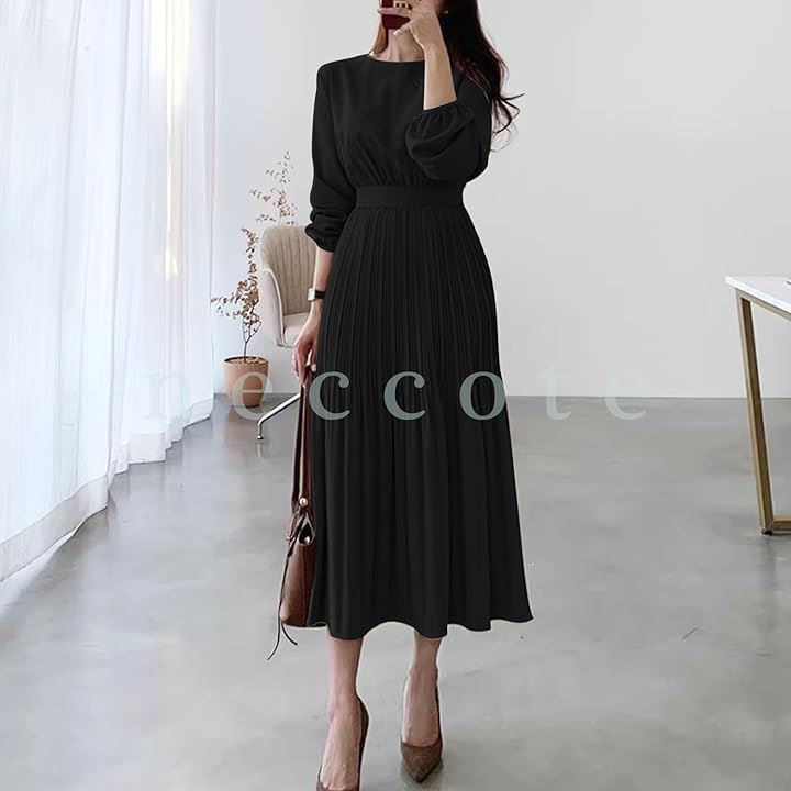 レディース ワンピース ドレス プリーツ クラシカル 長袖 パーティ 無地 ロング丈 大人 オフィス 春 秋 冬 NC405BKXL(ブラック, XL)