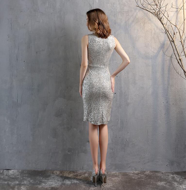 Vネック ワンピース レディース S~2XL 高品質 フェミニン イブニングドレス ウェディングドレス お花嫁 パーティードレス ひざ丈 スリット入り スパンコール ノースリーブ ナイ