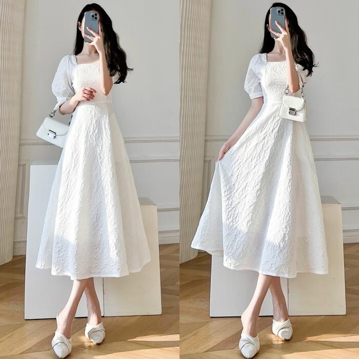 ワンピース ロングワンピ パフスリーブ 袖あり 花柄 スクエアネック ミモレ丈 エレガント きれいめ レディース ドレス 半袖 大人 可愛い ホワイト 白 ブラック 黒 春 秋 夏 20代 30代 4