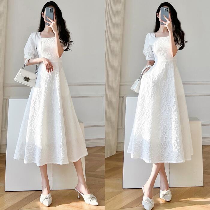 ワンピース ロングワンピ パフスリーブ 袖あり 花柄 スクエアネック ミモレ丈 エレガント きれいめ レディース ドレス 半袖 大人 可愛い ホワイト 白 ブラック 黒 春 秋 夏 20代 30代 4