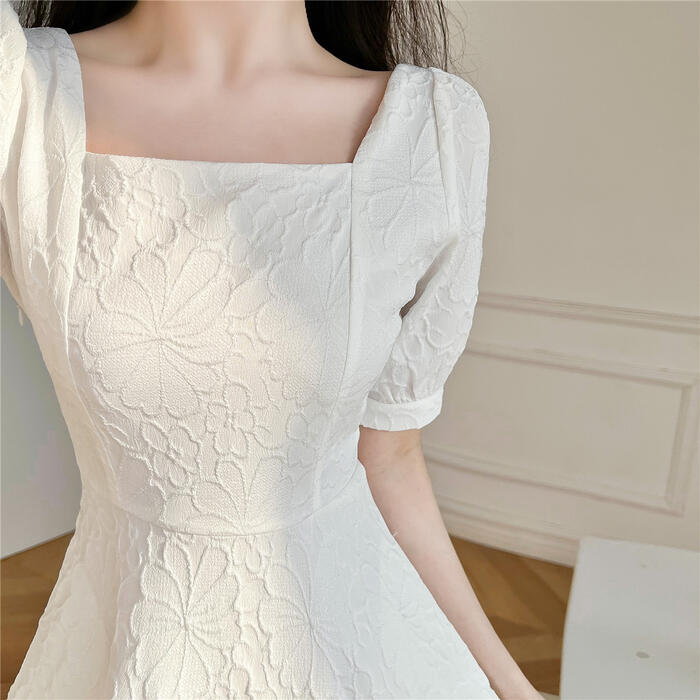 ワンピース ロングワンピ パフスリーブ 袖あり 花柄 スクエアネック ミモレ丈 エレガント きれいめ レディース ドレス 半袖 大人 可愛い ホワイト 白 ブラック 黒 春 秋 夏 20代 30代 4