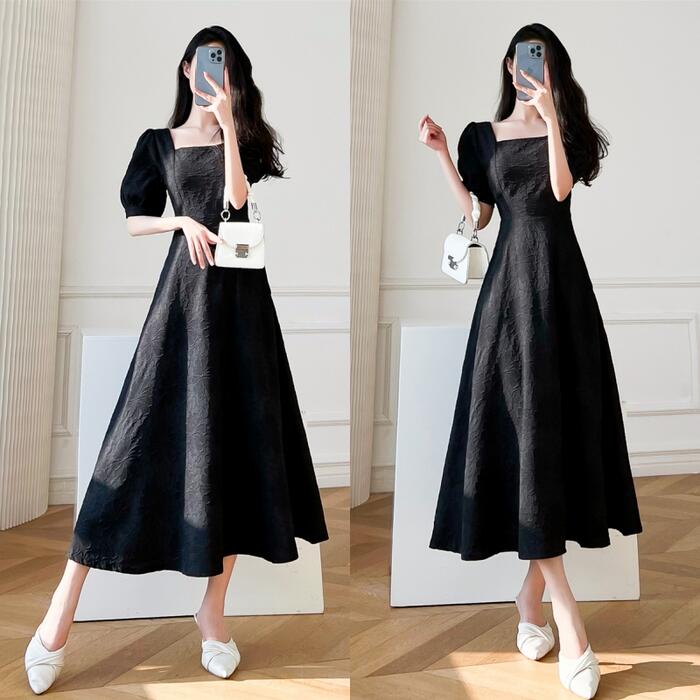 ワンピース ロングワンピ パフスリーブ 袖あり 花柄 スクエアネック ミモレ丈 エレガント きれいめ レディース ドレス 半袖 大人 可愛い ホワイト 白 ブラック 黒 春 秋 夏 20代 30代 4