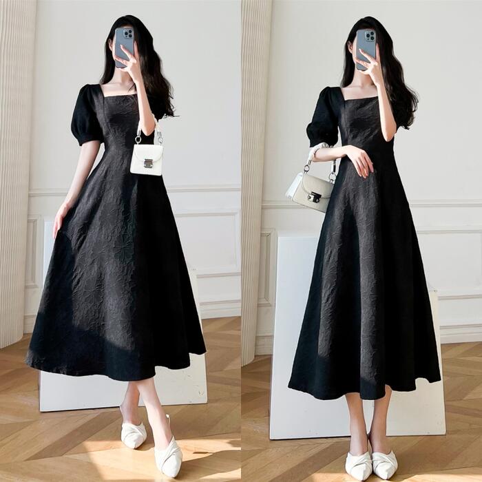 ワンピース ロングワンピ パフスリーブ 袖あり 花柄 スクエアネック ミモレ丈 エレガント きれいめ レディース ドレス 半袖 大人 可愛い ホワイト 白 ブラック 黒 春 秋 夏 20代 30代 4