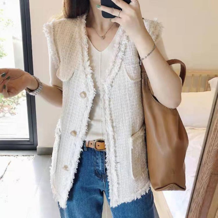 ツイードフリンジジレツイードジレベストノースリーブツイードジャケットVネックフリンジレイヤード裏地付きレディース通勤オフィス卒業式母入学式卒園式入園式セレモニーアウター黒オフホワイト高見え