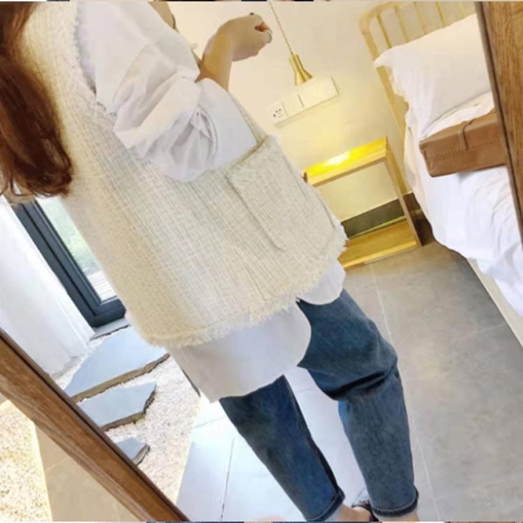 ツイードフリンジジレツイードジレベストノースリーブツイードジャケットVネックフリンジレイヤード裏地付きレディース通勤オフィス卒業式母入学式卒園式入園式セレモニーアウター黒オフホワイト高見え