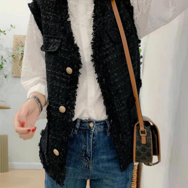 ツイードフリンジジレツイードジレベストノースリーブツイードジャケットVネックフリンジレイヤード裏地付きレディース通勤オフィス卒業式母入学式卒園式入園式セレモニーアウター黒オフホワイト高見え