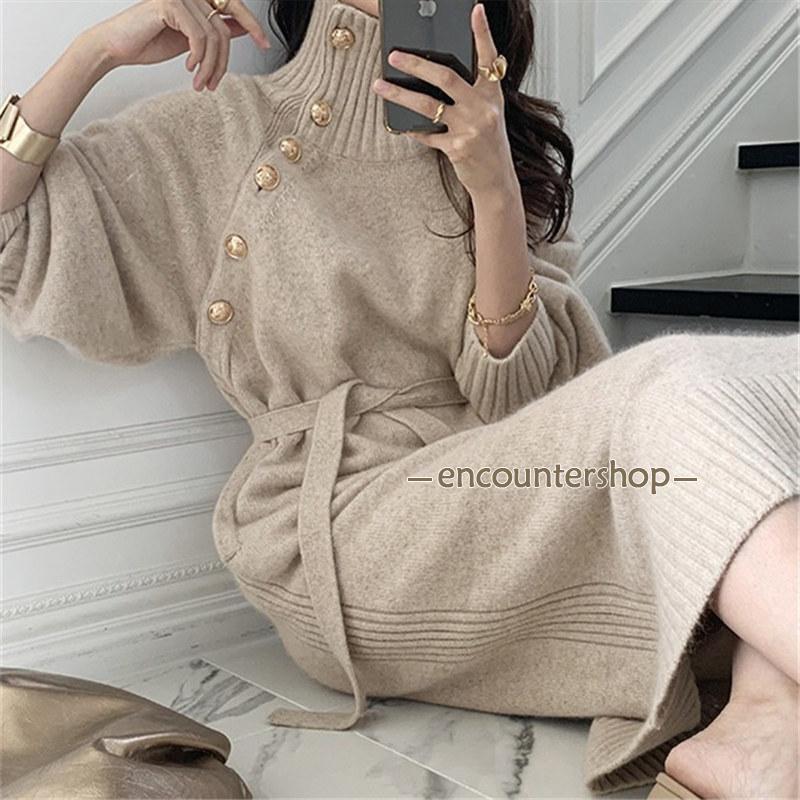 ニットワンピース セーター レディース ハイネック 長袖 トップス ロングセーター ゆったり 着痩せ 可愛い 体型カバー お洒落 暖かい 通勤 秋冬