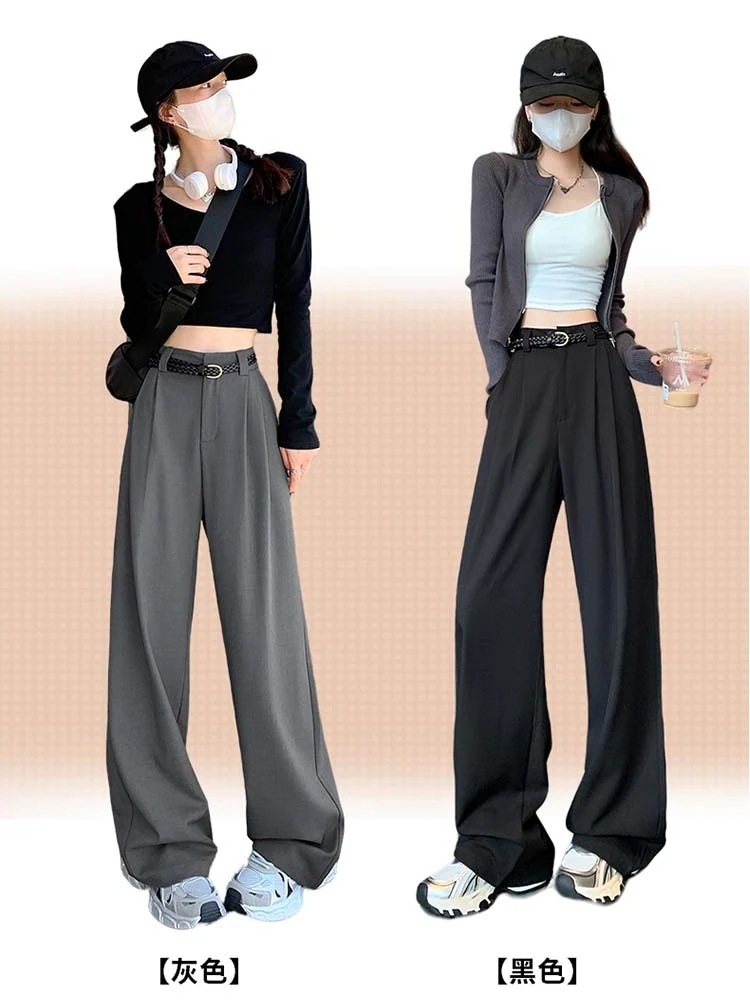 パンツグレーの高級感のあるスーツのズボンの女性の春の夏2025の新型のハイウエストのゆったりしているストレートの狭い版のワイドレギンスのズボンの垂れ下がった感 パンツグレーの高級感のあるスーツのズボンの女性の春の夏2025の新型のハイウエストのゆったりしているストレートの狭い版のワイドレギンスのズボンの垂れ下がった感